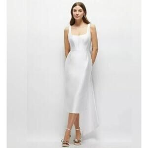 ALFRED SUNG White Bow Back Satin Twill Scoop Neck Corset Dress
